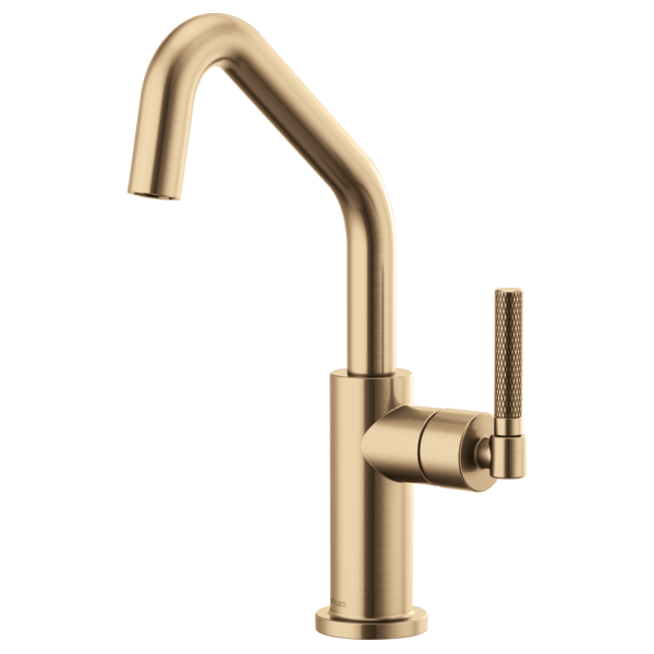 Brushed gold bar faucet with angled spout and knurled side handle.