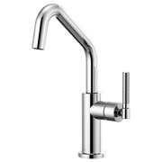 Chrome bar faucet with curved angled spout and textured knurled handle on right side.