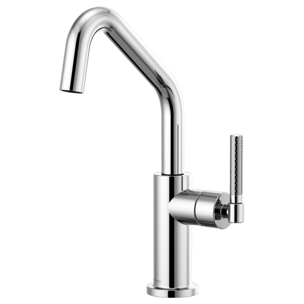 Chrome bar faucet with curved angled spout and textured knurled handle on right side.