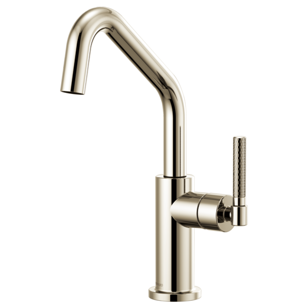 Polished nickel bar faucet with angled spout and knurled single handle.