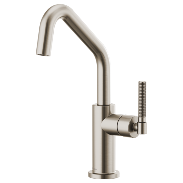 Stainless steel bar faucet with angled spout and knurled side handle.