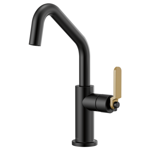 Black bar faucet with angled spout and brass lever handle.