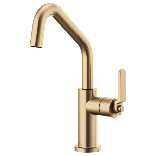 Champagne bronze bar faucet with angled curved spout and single lever handle.
