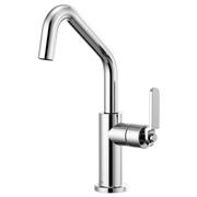 Chrome bar faucet with angled spout and flat lever handle on cylindrical base.