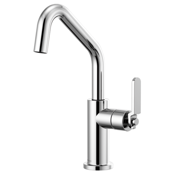 Chrome bar faucet with angled spout and flat lever handle on cylindrical base.
