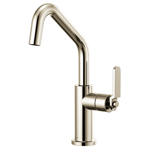 Polished nickel bar faucet with angled spout and single flat handle lever.