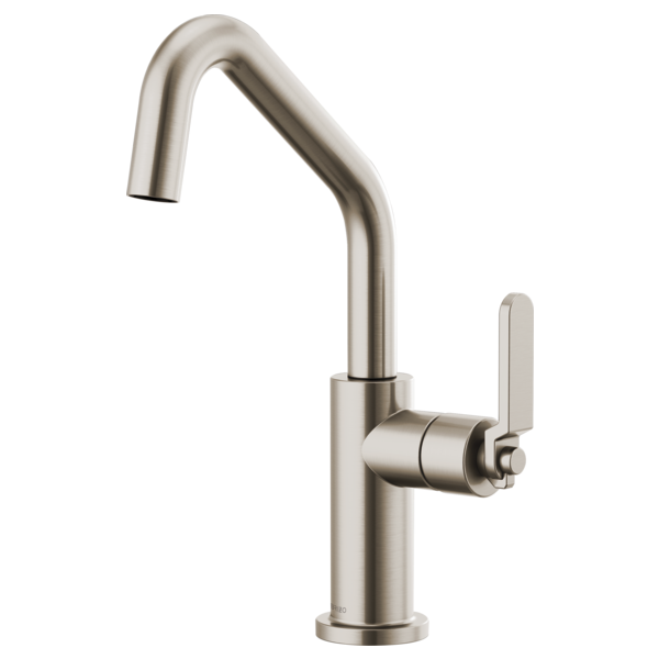 Brushed nickel bar faucet with angled spout and flat handle lever.