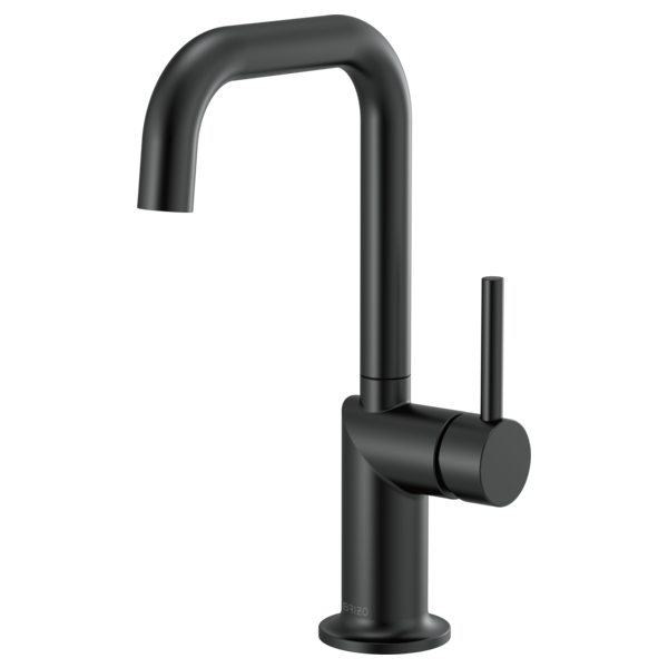 Matte black bar faucet with tall squared spout and single cylindrical handle on right side.