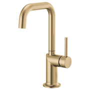 Luxe gold bar faucet with curved spout, single cylindrical handle, and round base.