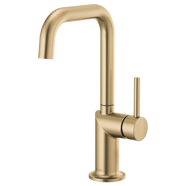 Luxe gold bar faucet with curved spout, single cylindrical handle, and round base.