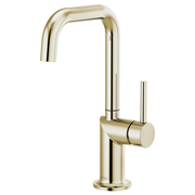 Polished nickel bar faucet with tall squared spout and single cylindrical handle.