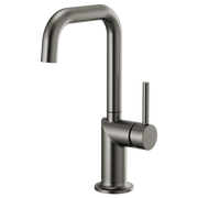 Luxe steel bar faucet with squared spout, single lever handle, and tall curved neck on round base.