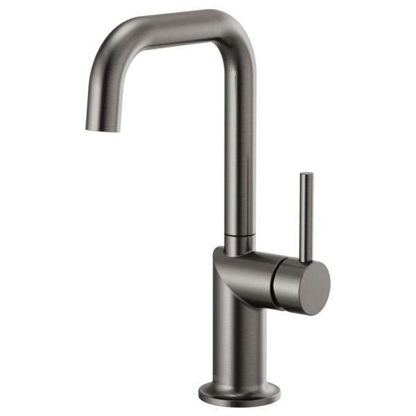Luxe steel bar faucet with squared spout, single lever handle, and tall curved neck on round base.