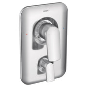 Chrome shower valve trim with single lever diverter and secondary control handle, red and blue indicator dots visible.