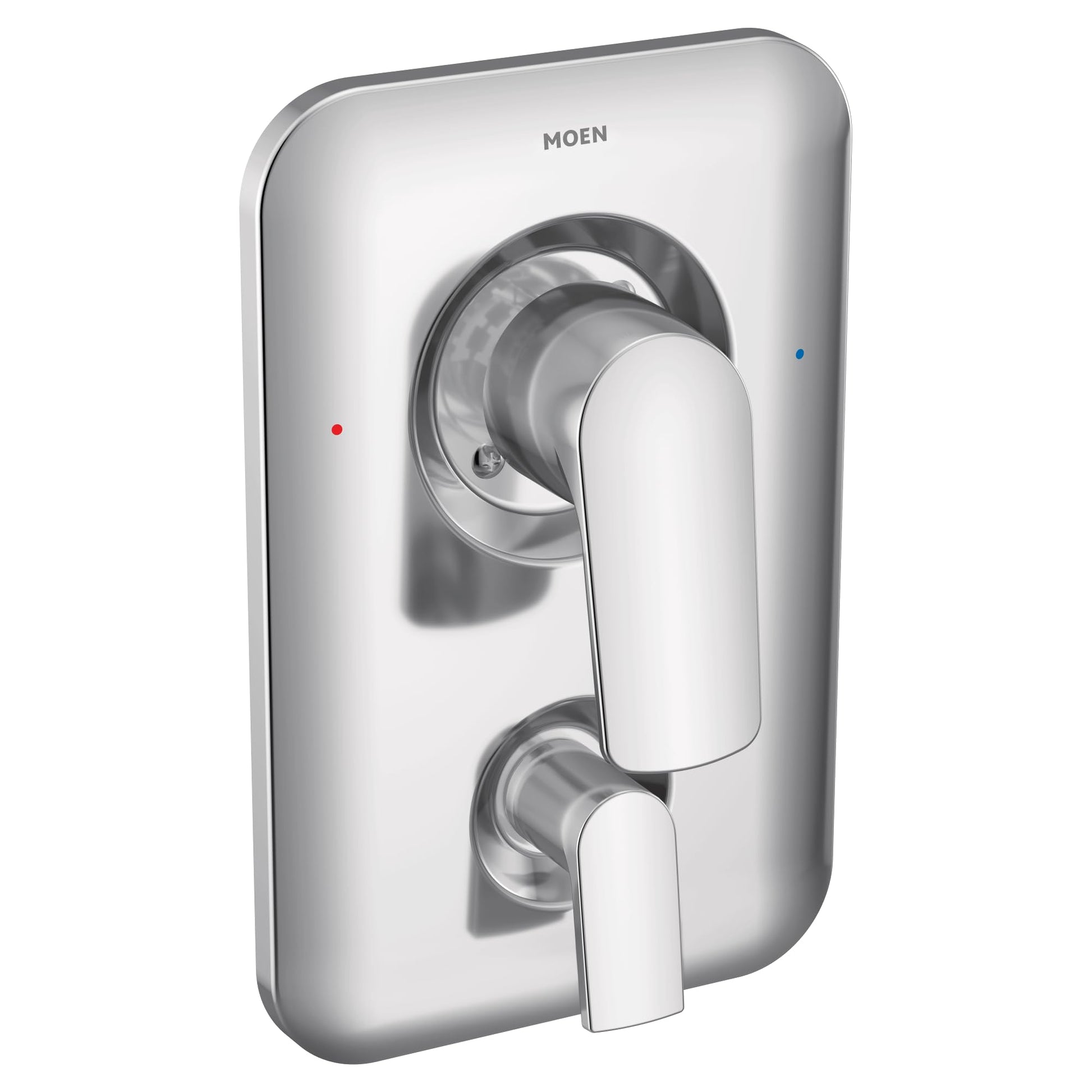 Chrome shower valve trim with single lever diverter and secondary control handle, red and blue indicator dots visible.