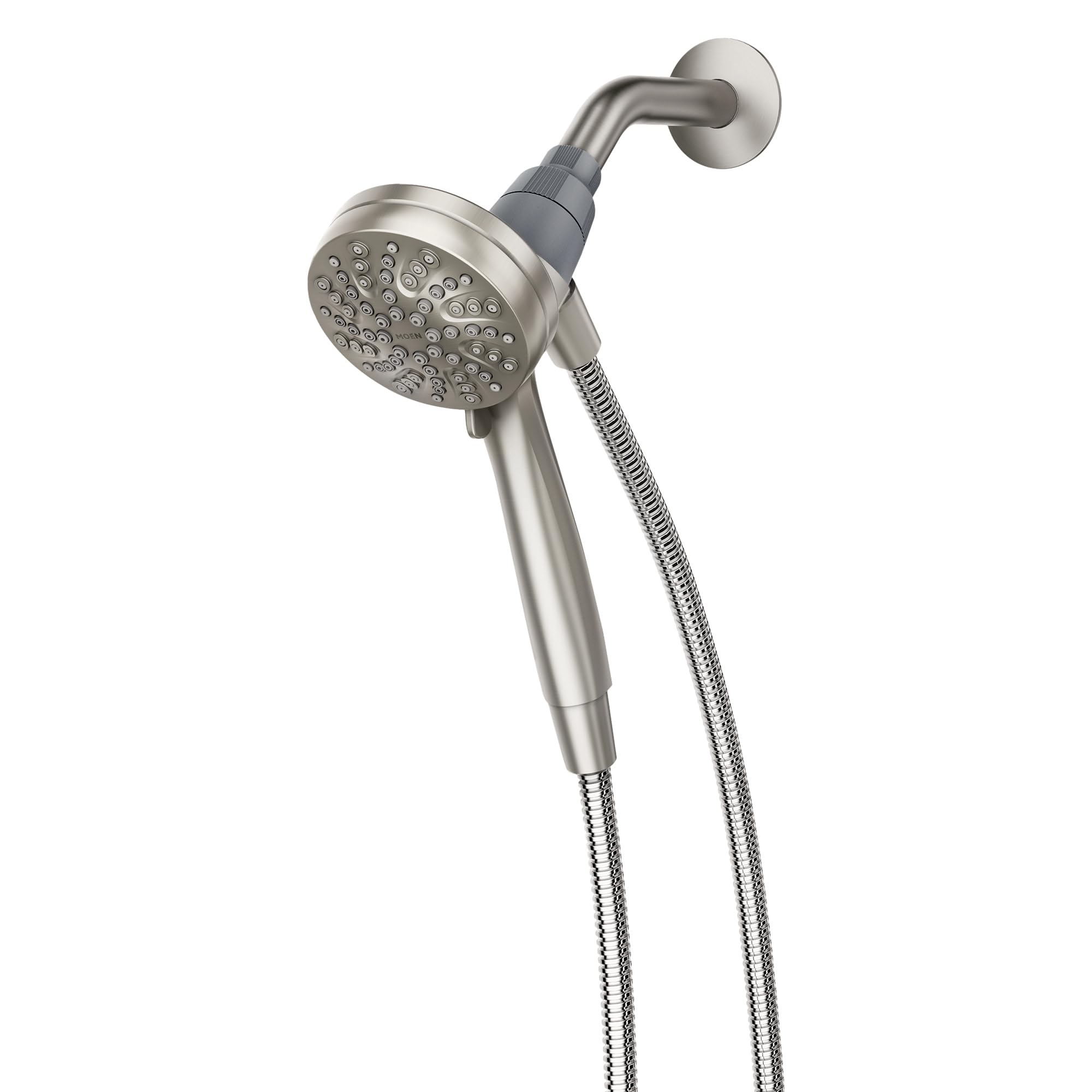Brushed nickel hand shower with round head, curved arm, and flexible hose attached to wall mount.