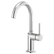 Chrome bathroom faucet with arched spout and single lever handle.