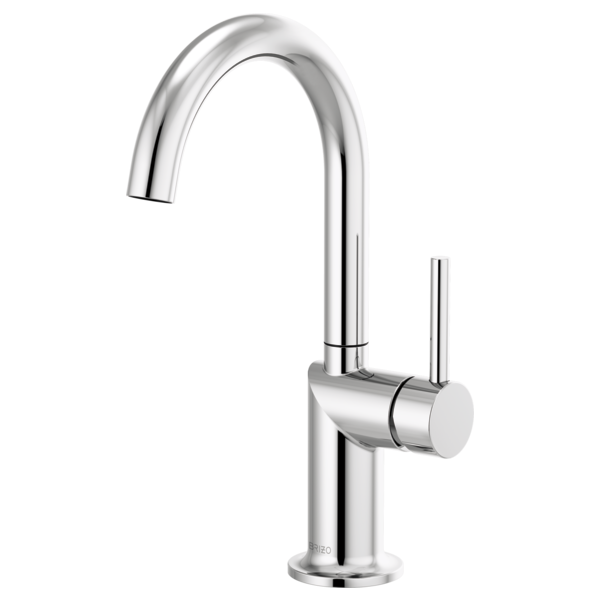 Chrome bathroom faucet with arched spout and single lever handle.
