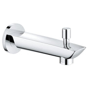 Chrome tub spout with diverter lever and round wall flange, angled spout design.