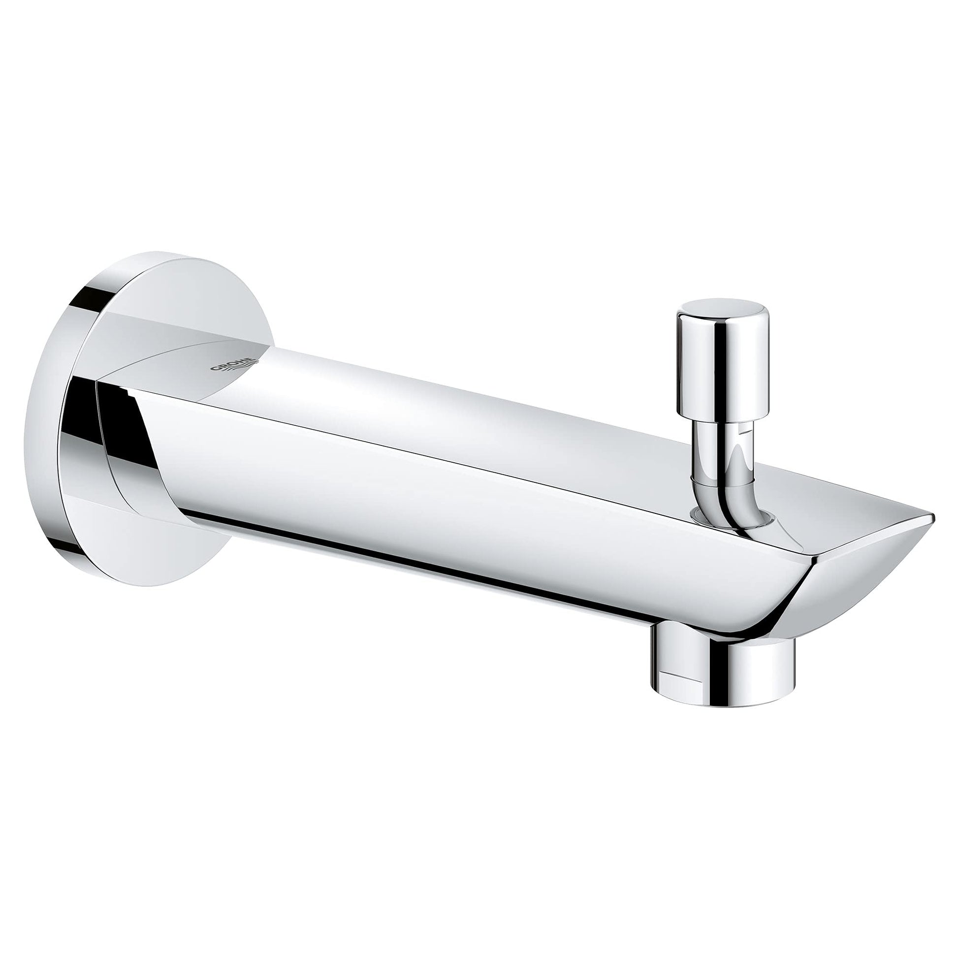 Chrome tub spout with diverter lever and round wall flange, angled spout design.