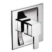 Chrome tub and shower valve trim kit with angular lever handle and rectangular escutcheon plate.