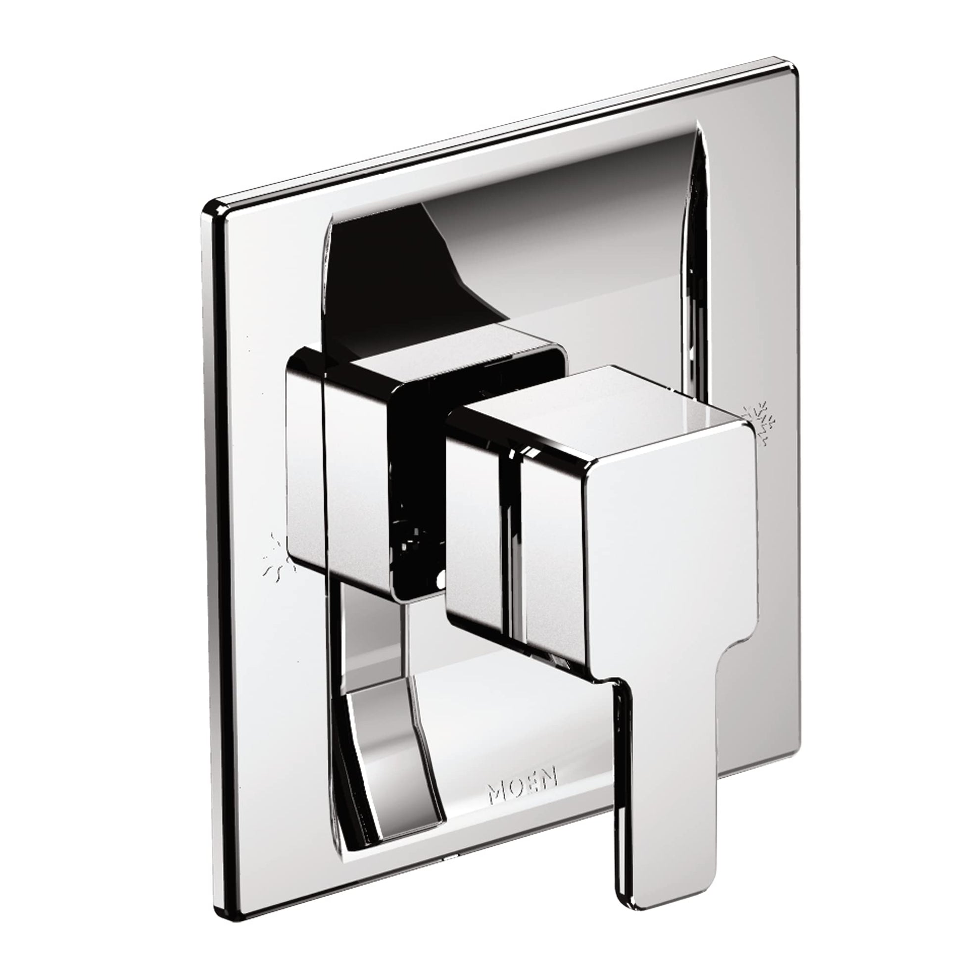 Chrome tub and shower valve trim kit with angular lever handle and rectangular escutcheon plate.