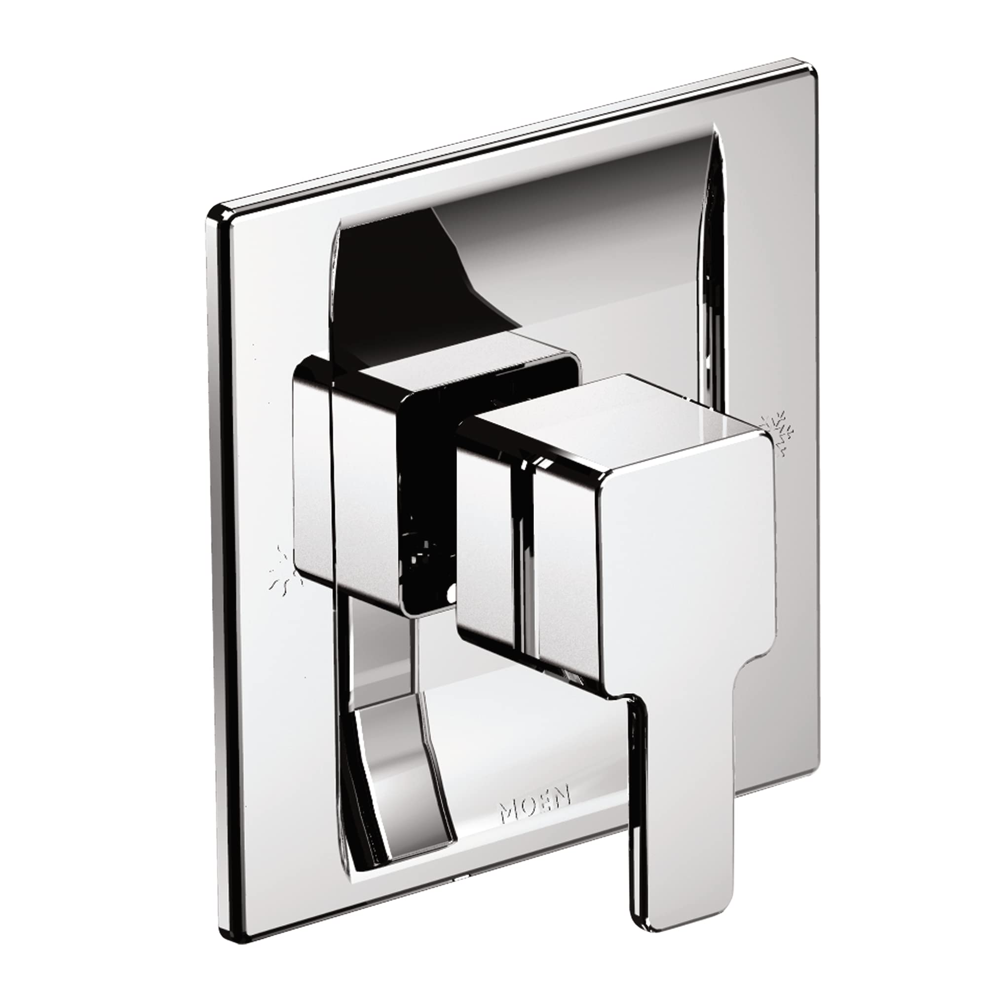 Chrome tub and shower valve trim kit with angular lever handle and rectangular escutcheon plate.