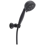 Chrome matte black hand shower head with perforated spray face, adjustable arm mount, and attached hose.