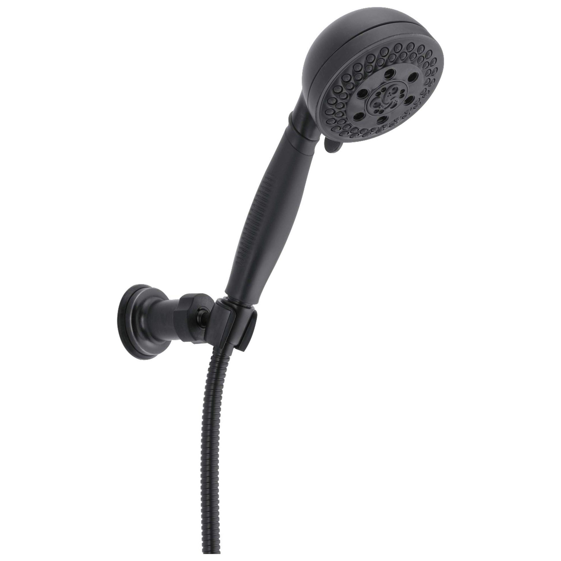 Chrome matte black hand shower head with perforated spray face, adjustable arm mount, and attached hose.