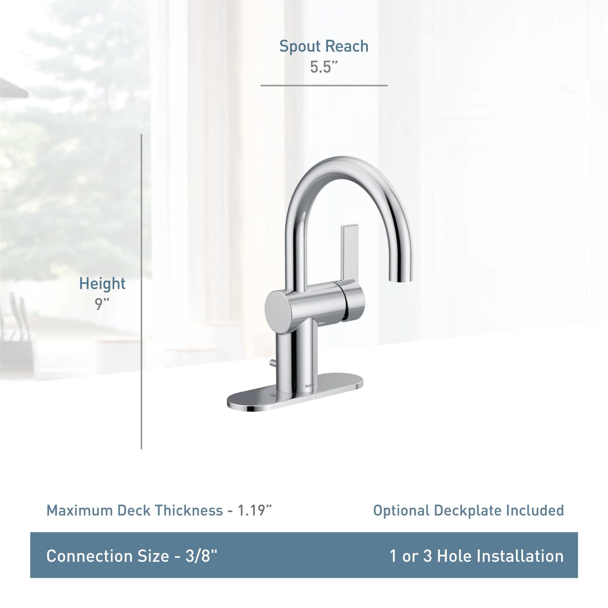 Chrome single handle bathroom sink faucet with curved spout, 9" height and 5.5" reach.