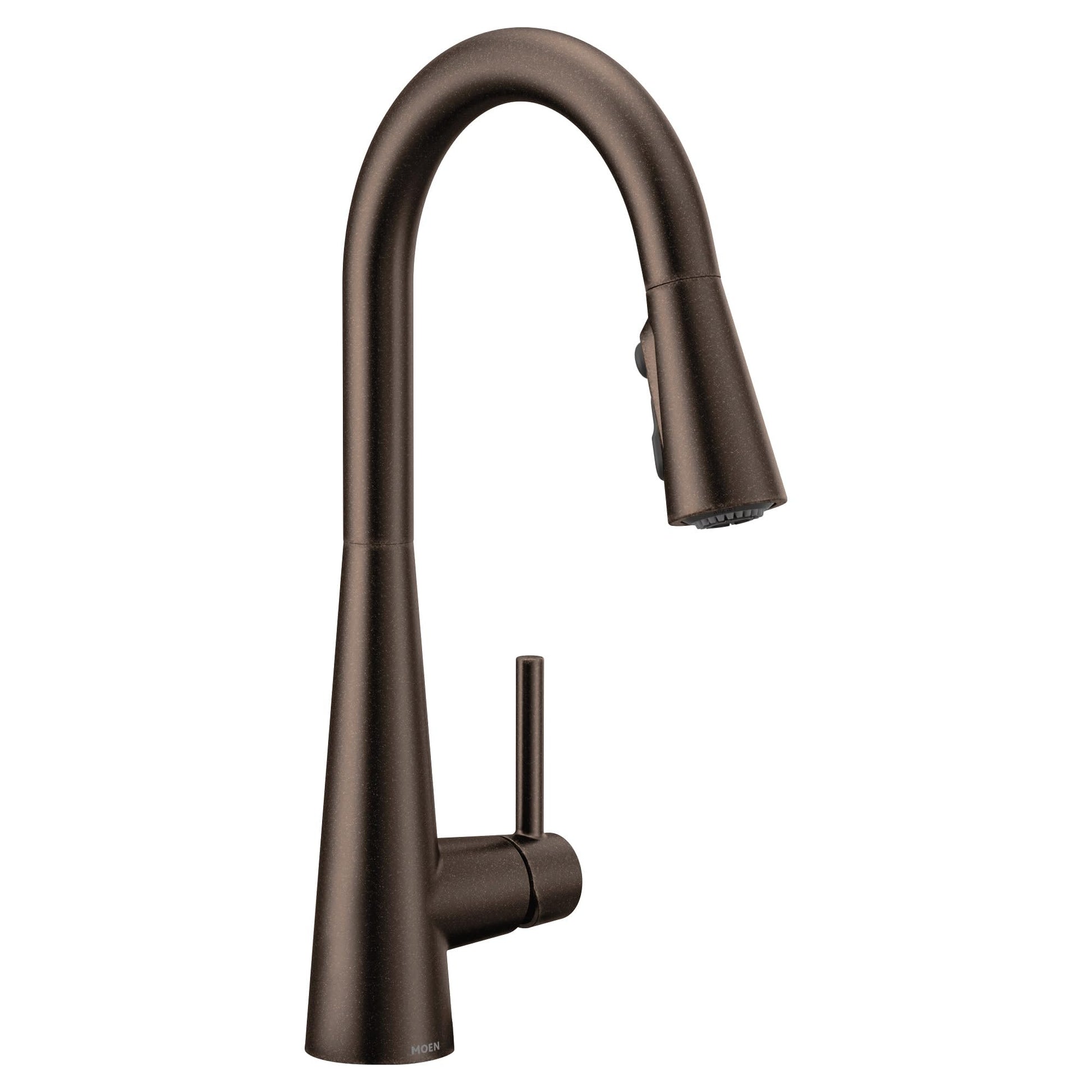 Oil rubbed bronze kitchen faucet with high arc spout, single handle, and pulldown sprayer head.