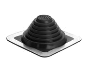 Black rubber roof flashing with conical vent pipe collar and square base.