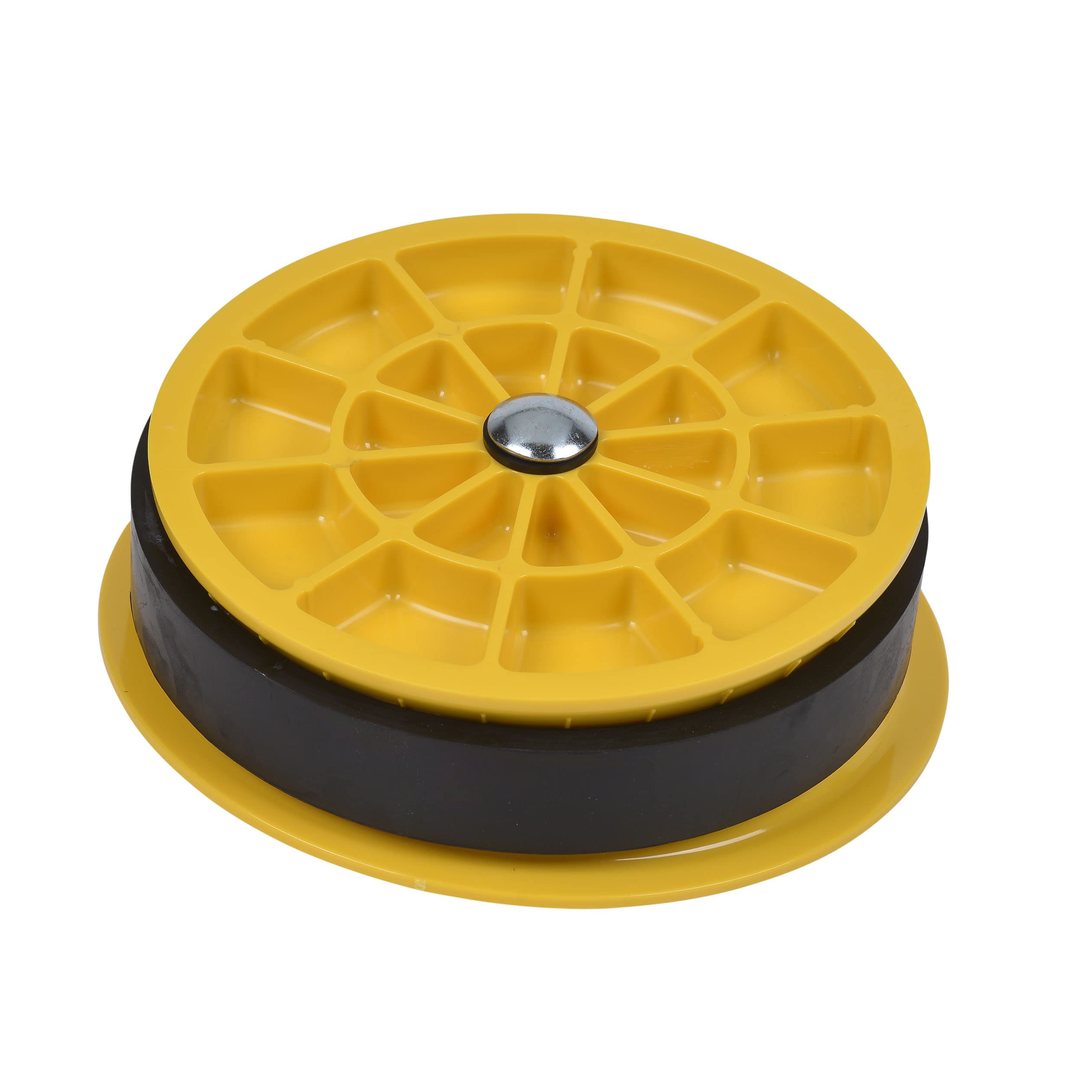 Yellow pipe gripper plug with black rubber seal and metal center knob for temporary pipe capping.