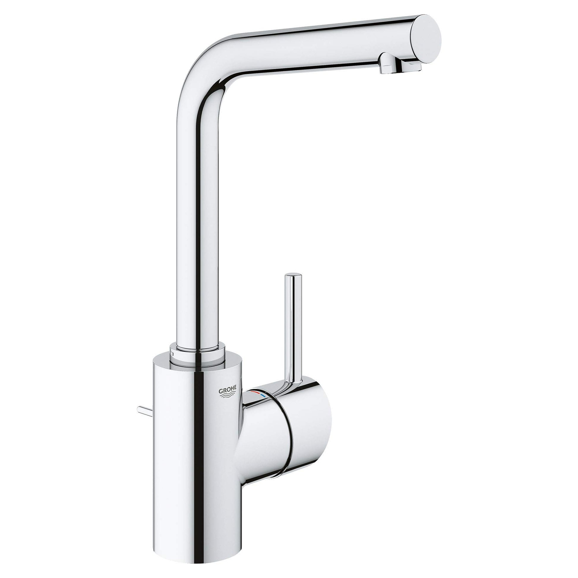 Chrome single-handle bathroom faucet with curved spout and cylindrical body on white background.