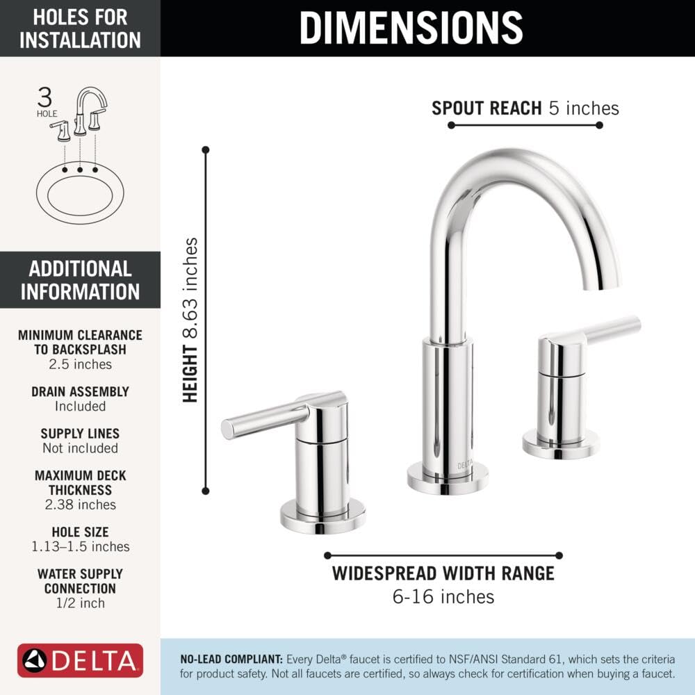 Chrome two-handle widespread bathroom faucet with curved spout and cylindrical handles.