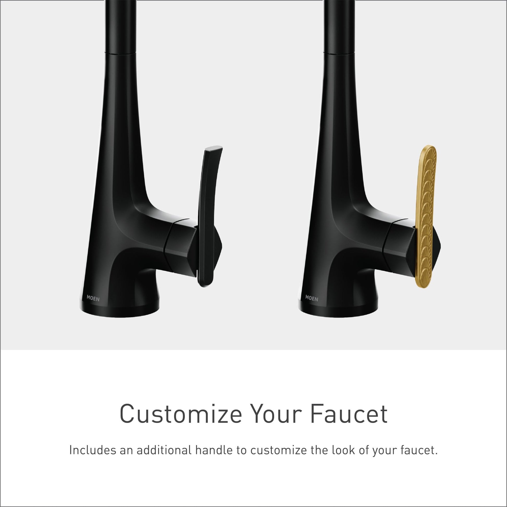 Matte black pulldown kitchen faucet shown with interchangeable black lever and gold decorative handles.
