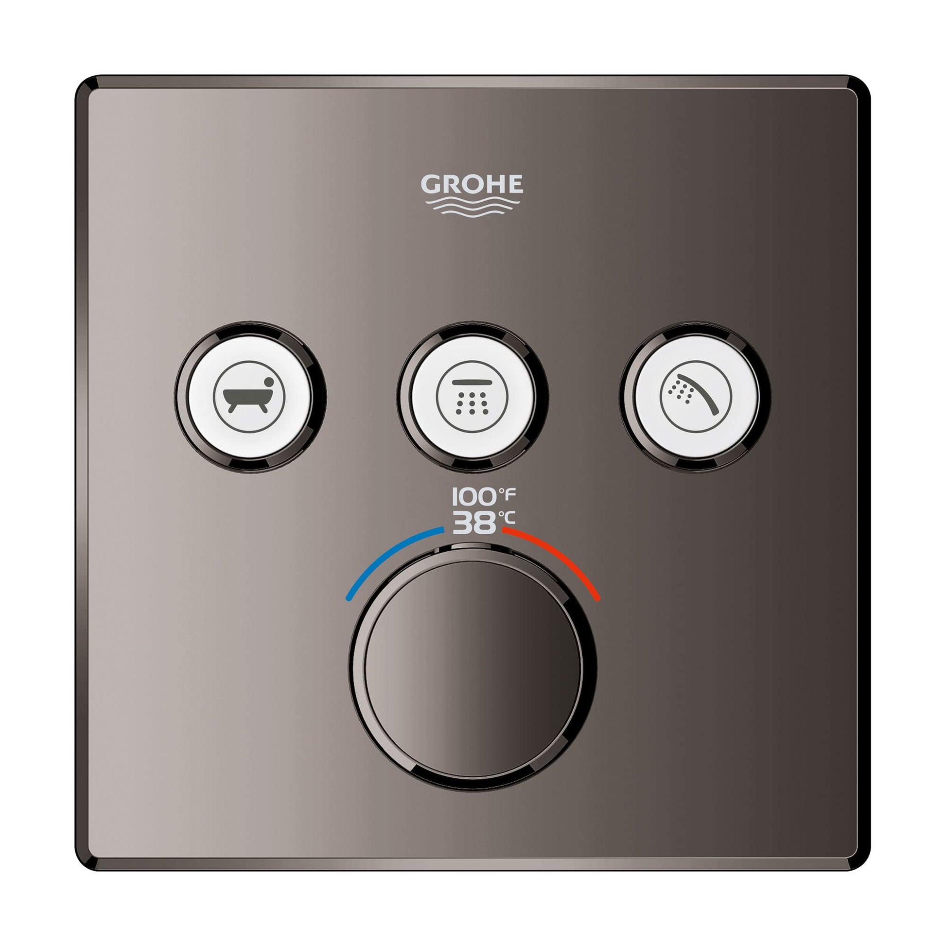Grohe thermostatic valve trim in hard graphite with three function buttons and temperature control dial displaying 100°F and 