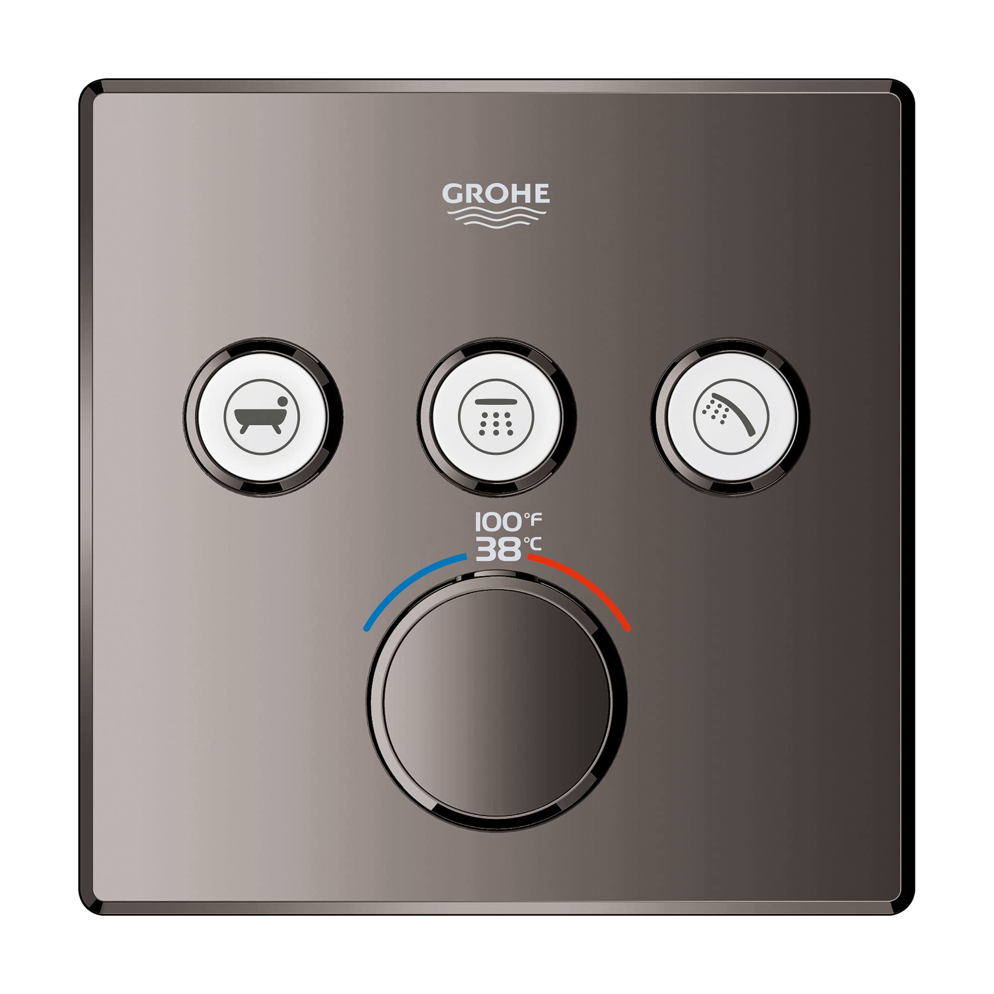 Grohe thermostatic valve trim in hard graphite with three function buttons and temperature control dial displaying 100°F and 