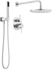 Chrome shower system with round raincan head, handheld spray, control valve, and curved arm mounted on white background.