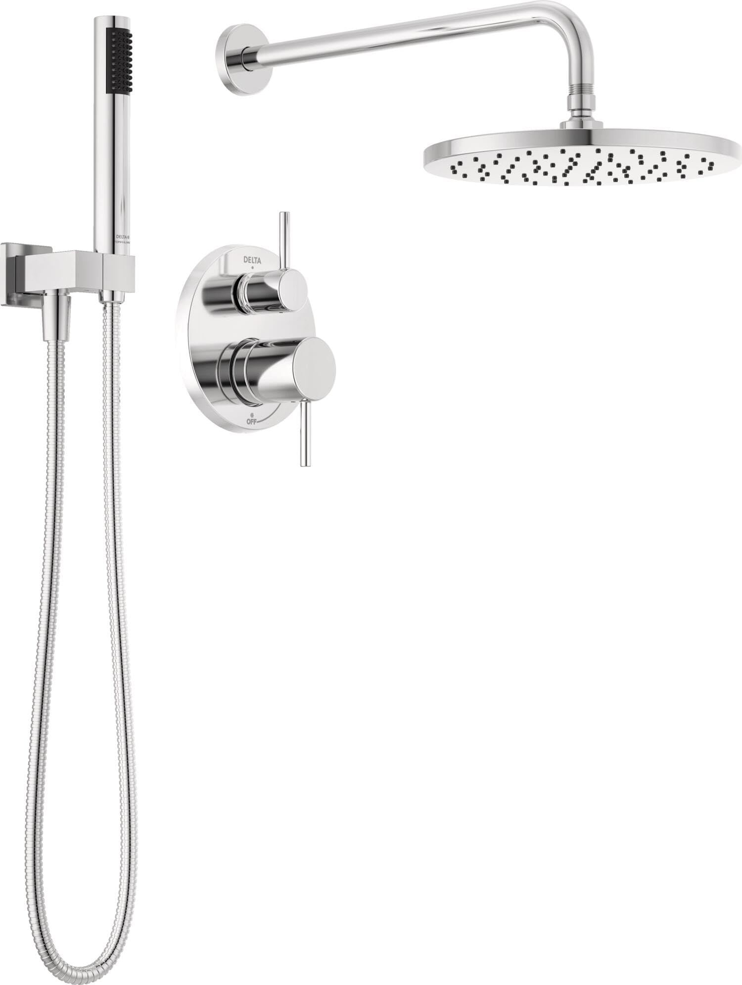 Chrome shower system with round raincan head, handheld spray, control valve, and curved arm mounted on white background.