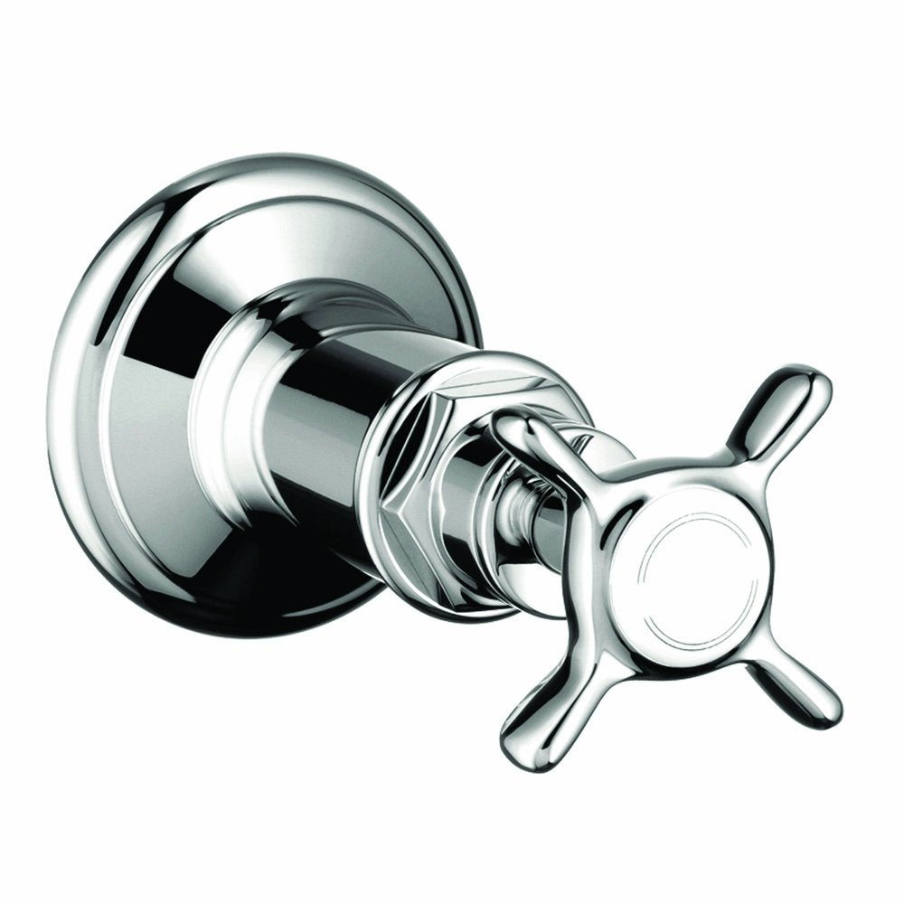 Chrome volume control trim with cross handle and circular wall plate for shower or bath installation.
