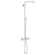 Chrome thermostatic shower system with overhead rainfall showerhead, handheld wand, and vertical slide bar.