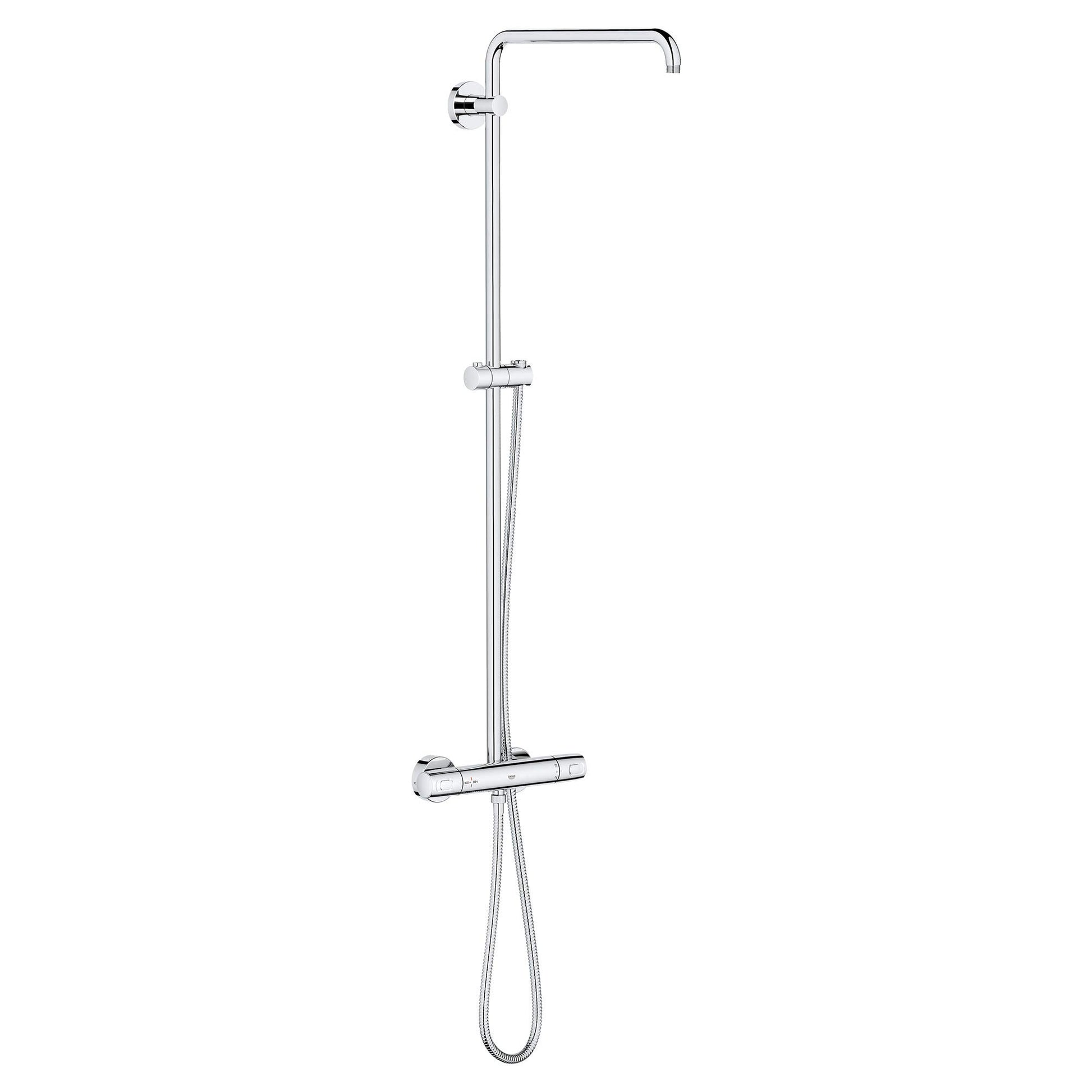 Chrome thermostatic shower system with overhead rainfall showerhead, handheld wand, and vertical slide bar.