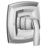 Chrome valve trim kit with single lever handle and square escutcheon plate for shower or tub installation.
