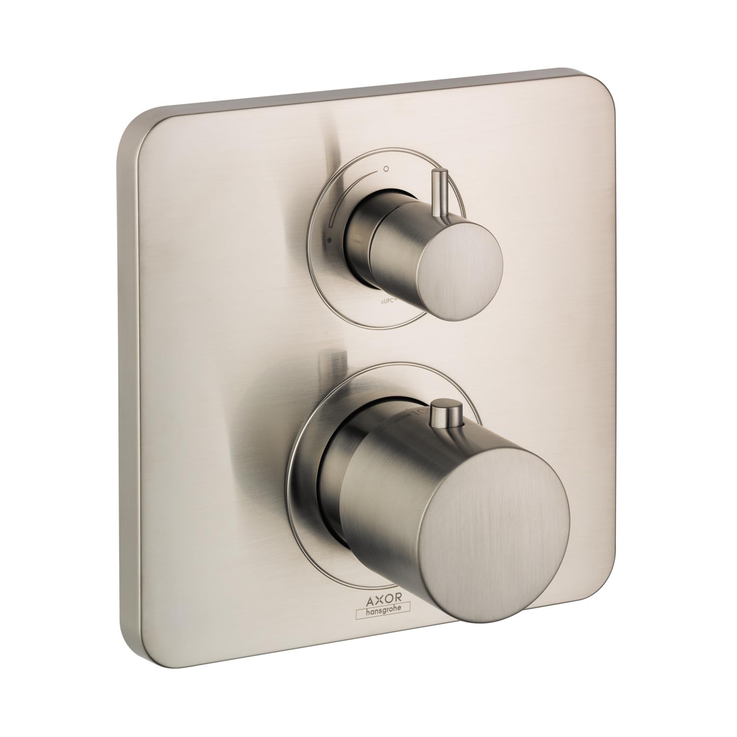 Brushed nickel thermostatic shower trim with two round control knobs mounted on rectangular escutcheon plate.