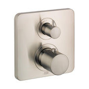 Brushed nickel thermostatic shower trim with two round control knobs mounted on rectangular escutcheon plate.