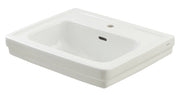 White rectangular ceramic bathroom sink basin with single faucet hole and overflow drain.
