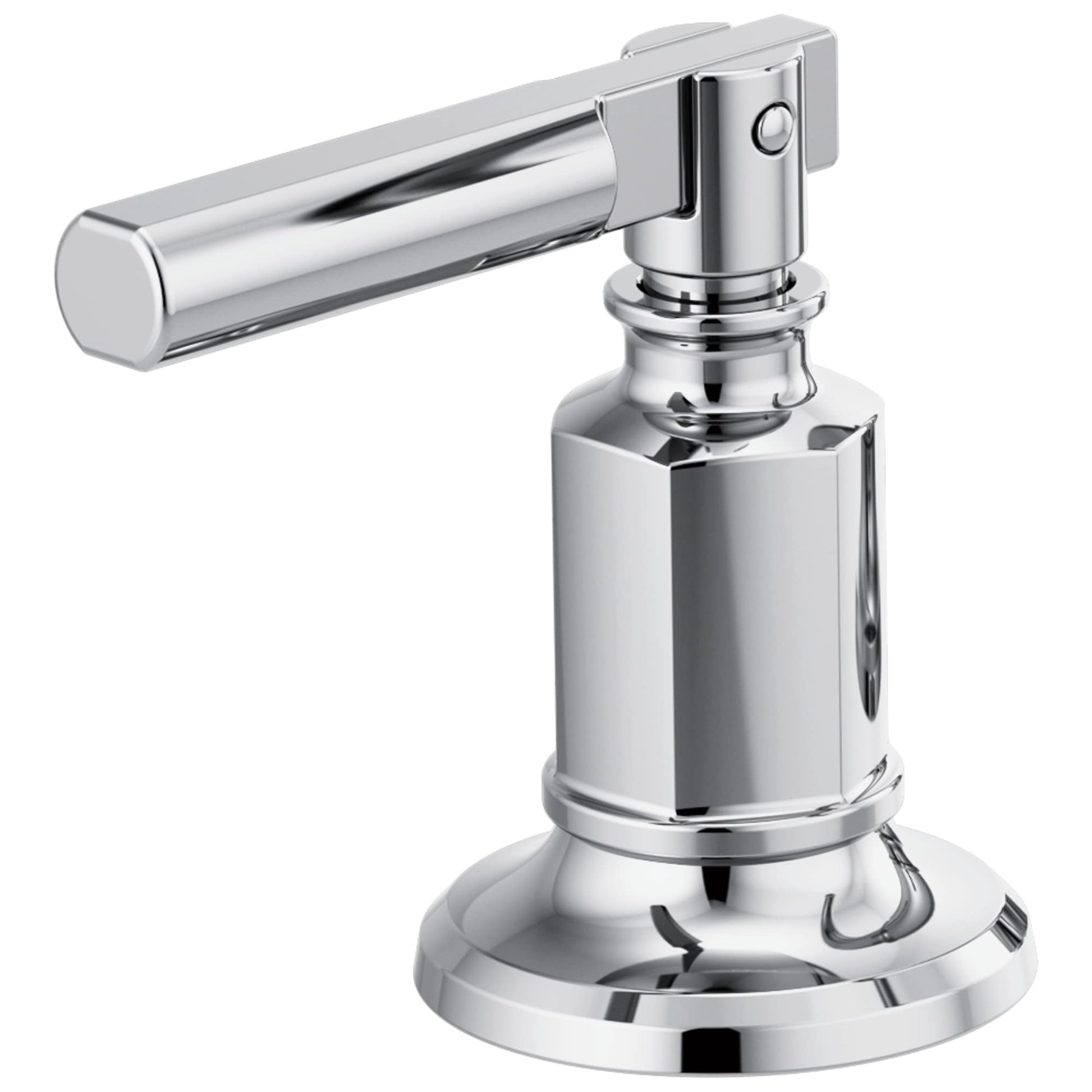 Chrome lever handle faucet kit with cylindrical body, round base, and horizontal spout for widespread bathroom lavatory insta