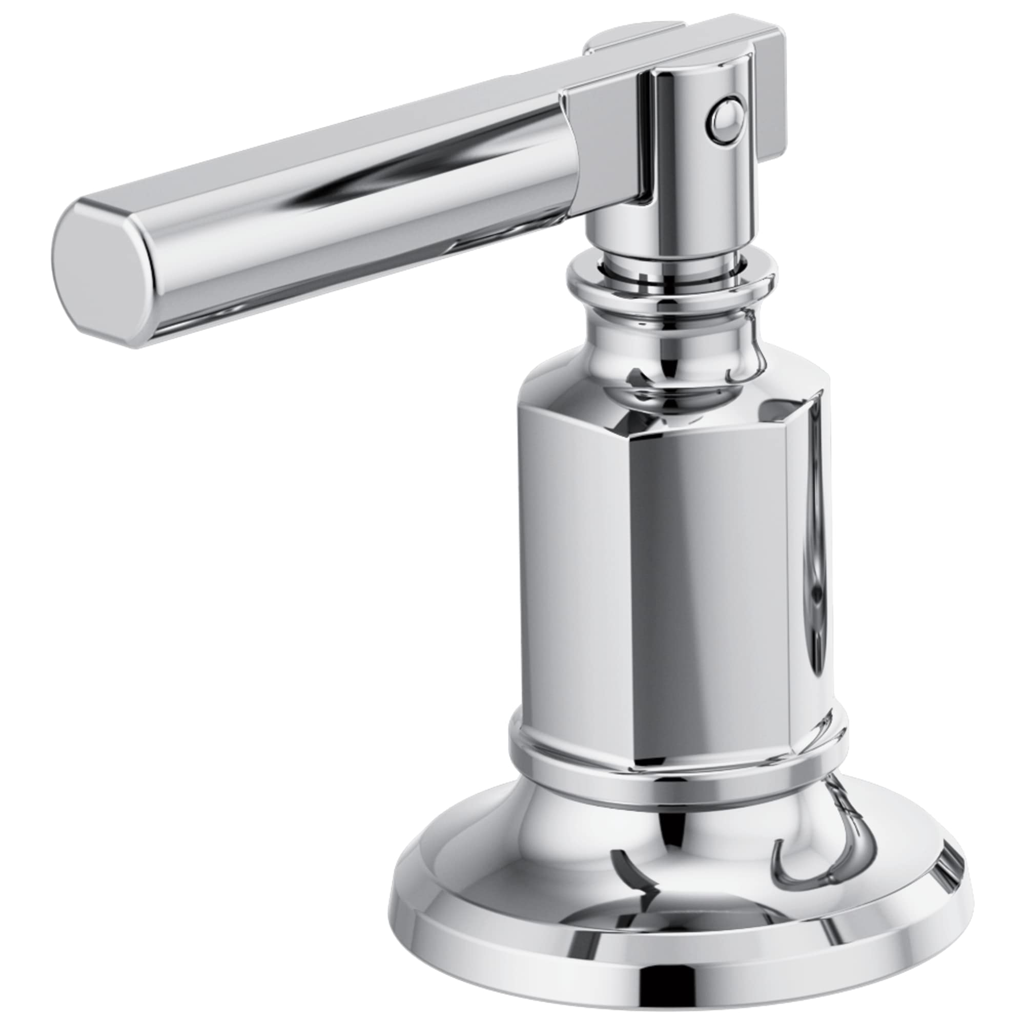 Chrome lever handle faucet kit with cylindrical body, round base, and horizontal spout for widespread bathroom lavatory insta