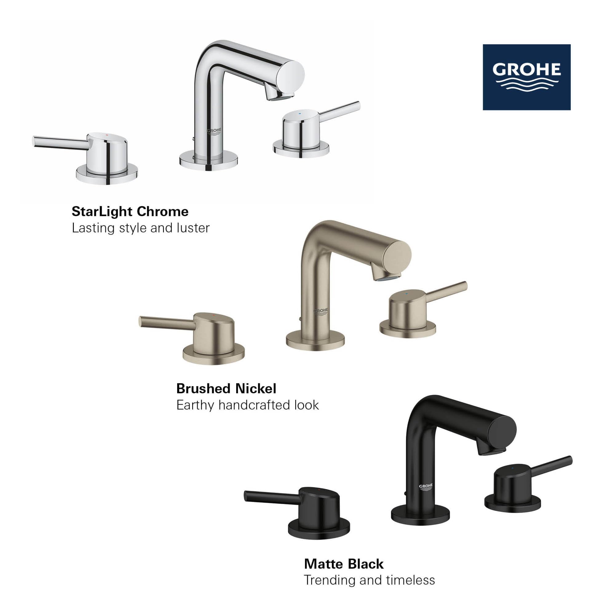 Matte black widespread bathroom faucet with curved spout and two lever handles shown in three finish options.